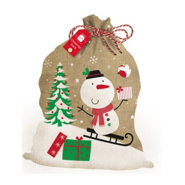 SNOWMAN PRINT HESSIAN SACK 50x70cm (12s)