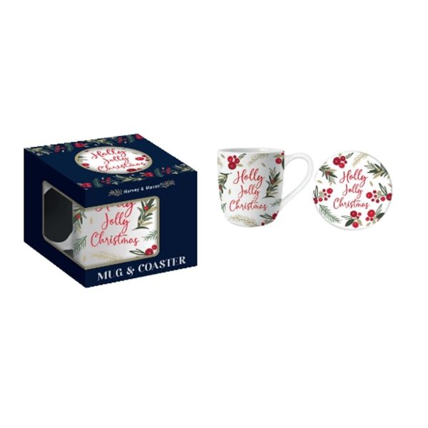 HOLLY JOLLY MUG & COASTER SET (6s)